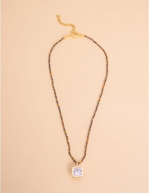 COLAR DE PEDRAS VERDES PINGENTE CRISTAL QUADRADO - CO29348VO13