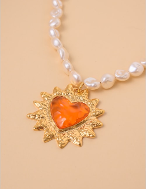 COLAR PÉROLA CORAÇÃO LARANJA - CO29304VO08