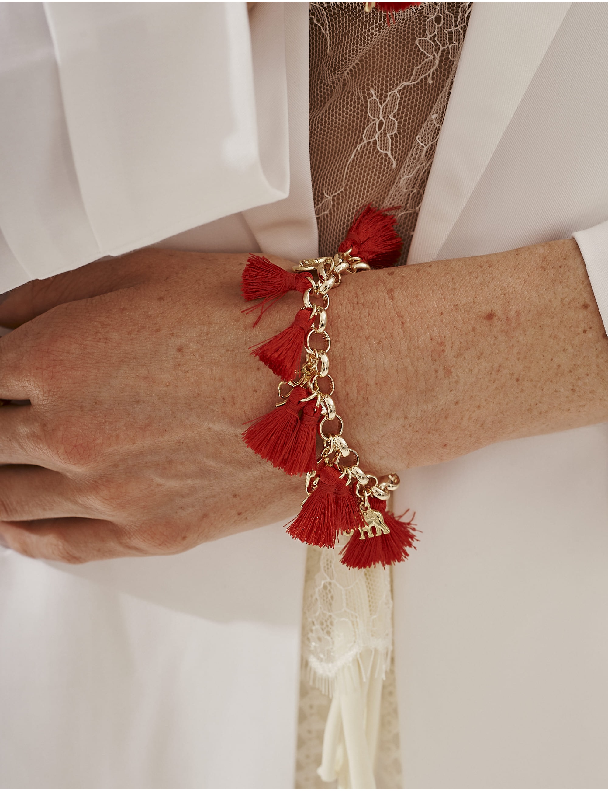 PULSEIRA TASSEL VERMELHO PINGENTES OURO - PU29078VO05